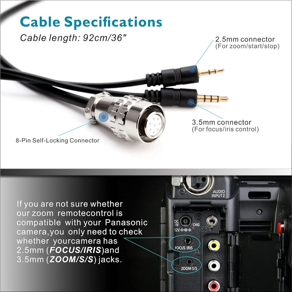 Panasonic Camcorder Zoom Controller Remote Control Zoom Iris, and Focus Control + 2.5mm and 3.5mm Jack Cable for Panasonic HC-X1 HC-PV100 AG-UX90 AG-UX180 HC-X1000 AG-AC30 AG-AC90 AU-EVA1 รีโมทคอนโทรลซูม Iris, และการควบคุมโฟกัส + 2.5 มม.และ 3.5 มม.สําหรับ