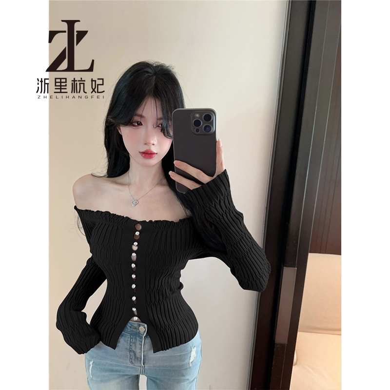 ZHELIHANGFEI เสื้อถักสไตล์เกาหลีเซ็กซี่ ไหล่ตกสำหรับผู้หญิง