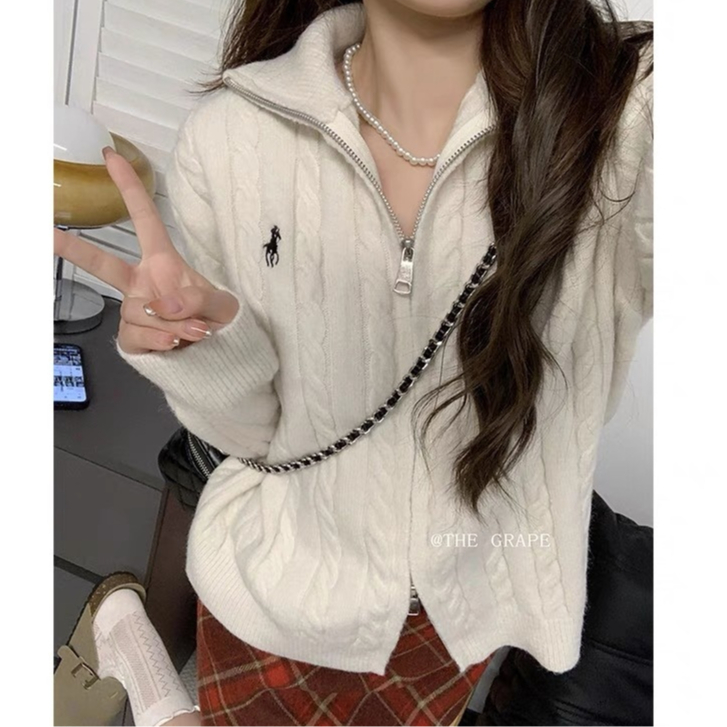 2024 RALPH ใหม่ผู้หญิง ZIPPER WEAVE KNITTED SWETER HALF HIGH COLLAR CARDIGAN สําหรับ 40-75KG
