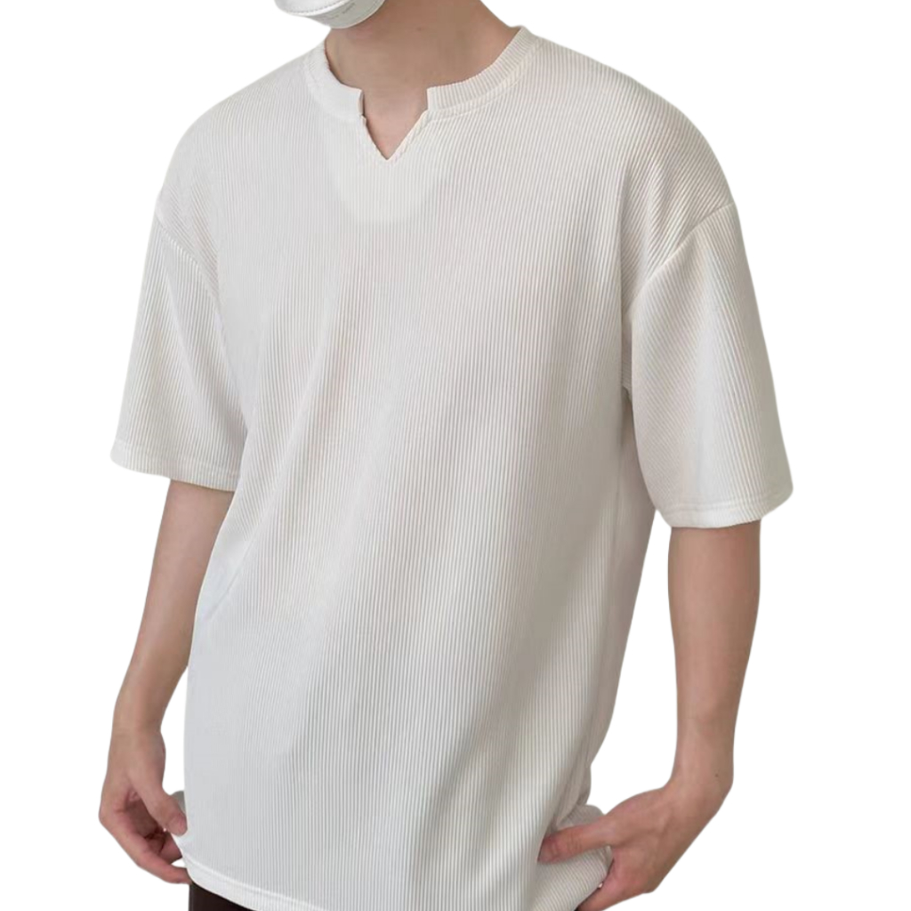 BECOOLMAN-สไตล์อเมริกัน คอวี ลายทาง เสื้อยืด ชาย ยอดนิยม ขั้นสูง ความรู้สึกห้อย แขนสั้น