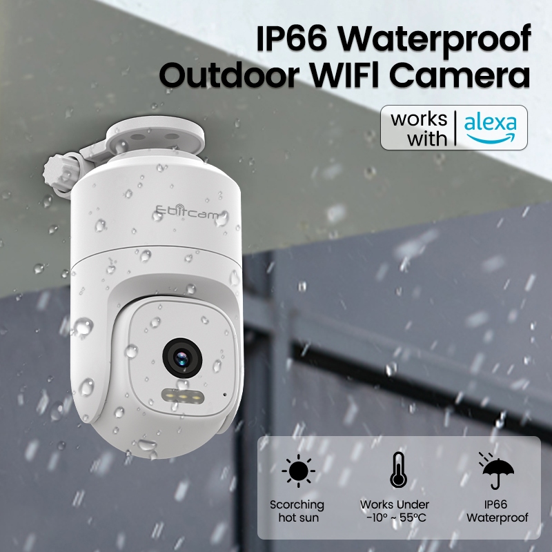 Ebitcam กันน้ำระดับ IP66 กล้องวงจร/2K HD วงจรปิด/กล้องวงจรปิด/โทร 2 ทิศทาง, การมองเห็นได้ในเวลากลางคืนสี 8x ซูม 360° การแปลและเอียง Ptz, การตรวจจับกีฬา/เสียง AI, สัญญาณเตือน, รองรับ Alexa