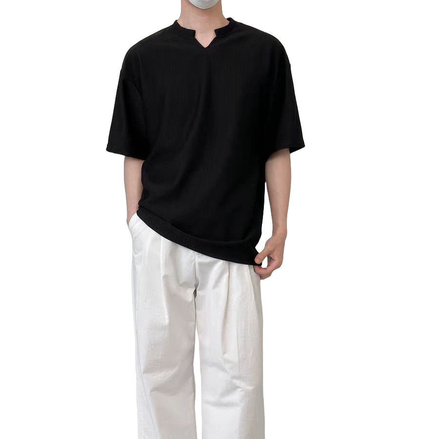 PROMAN-แบบบาง ระบายอากาศได้ดี ลายทาง แขนสั้น ชาย คนส่วนน้อย คอวี ช่องว่าง แฟชั่น เสื้อยืด