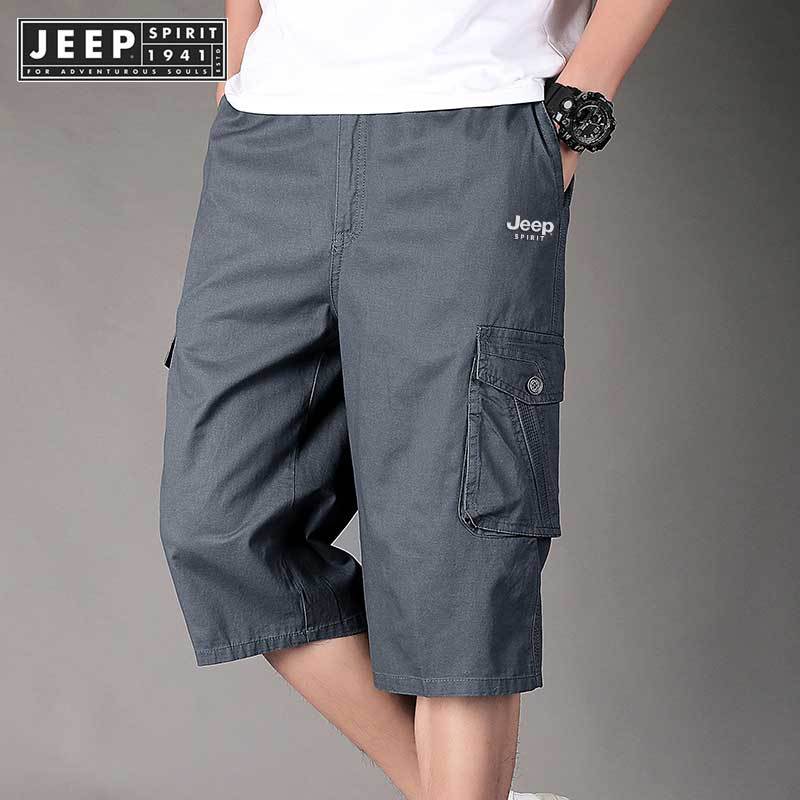 Jeep SPIRIT 1941 ESTD ฤดูร้อนใหม่ผ้าฝ้ายแท้ชุดทํางานกางเกงเจ็ดไตรมาสพร้อมกระเป๋ากระดุมหลายช่องสีทึบ