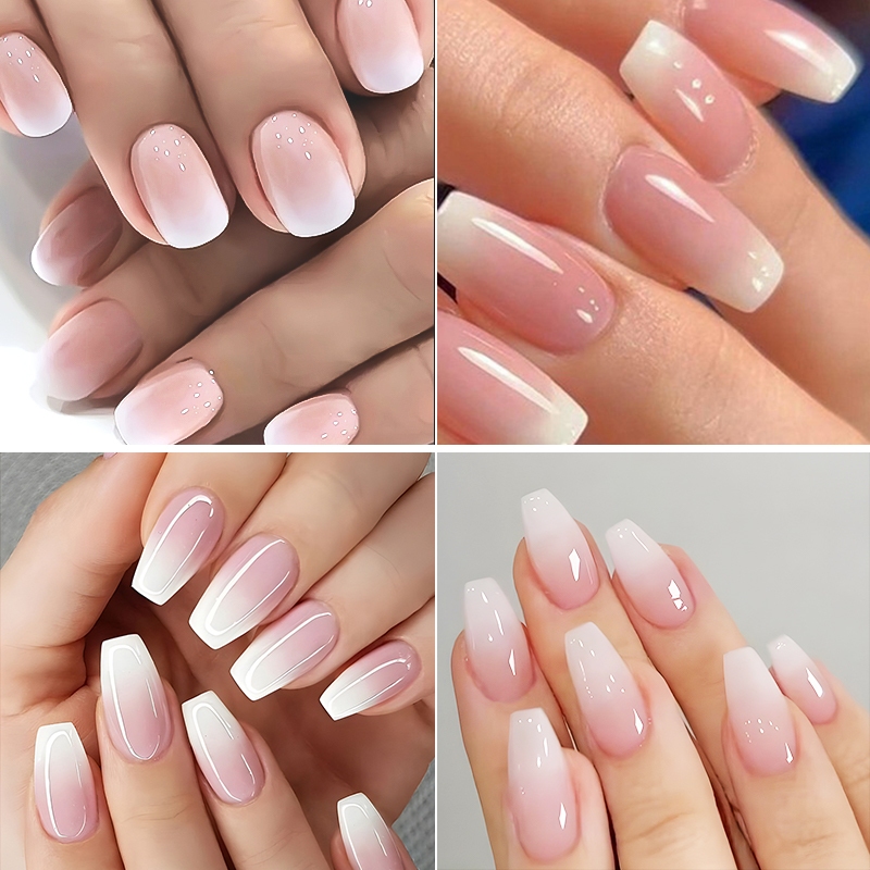 Ur SUGAR 24pcs Gradient เล็บปลอมเล็บฝรั่งเศสกันน้ํา Faux Medium Coffin เล็บปลอมเล็บมือกดบนเล็บเคล็ดลับ