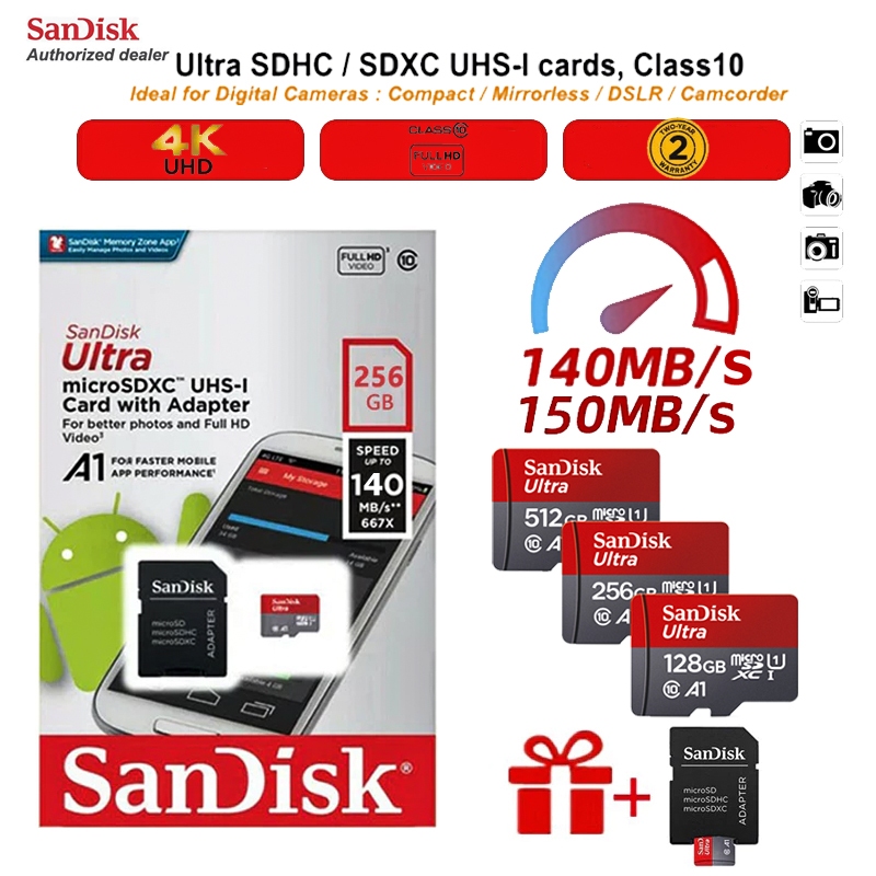 Sandisk A1 Ultra Class10 Micro SD Card การ์ดการ์ดหน่วยความจํา 128GB tarjeta A1 Ultra Micro TF Card 256GB 512GB สําหรับแท็บเล็ตโทรศัพท์ เมมโมรี่การ์ดกล้องติดรถยนต์