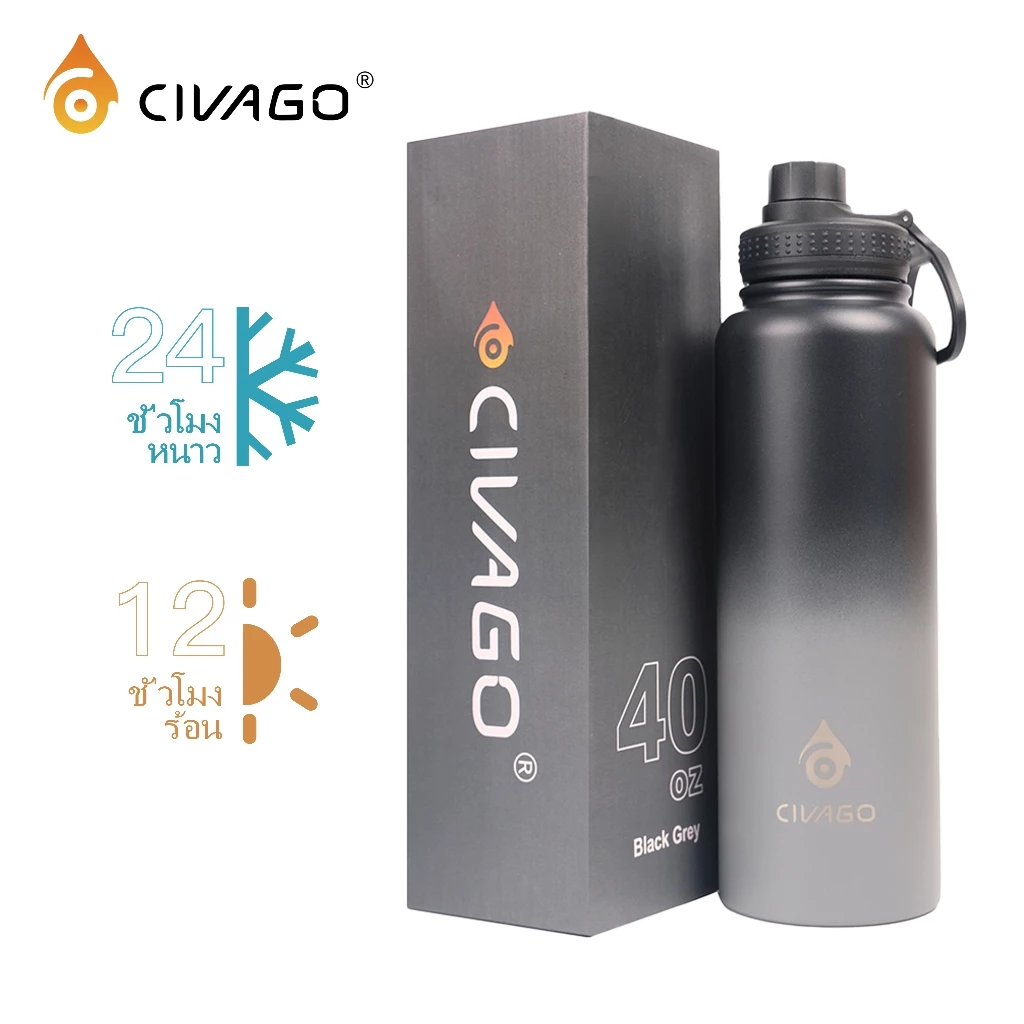 CIVAGO(40oz/1200ml)ปากกว้างพร้อมฝาปิดกีฬาแก้วฉนวนสูญญากาศขวดน้ําดื่มร้อนและเย็น