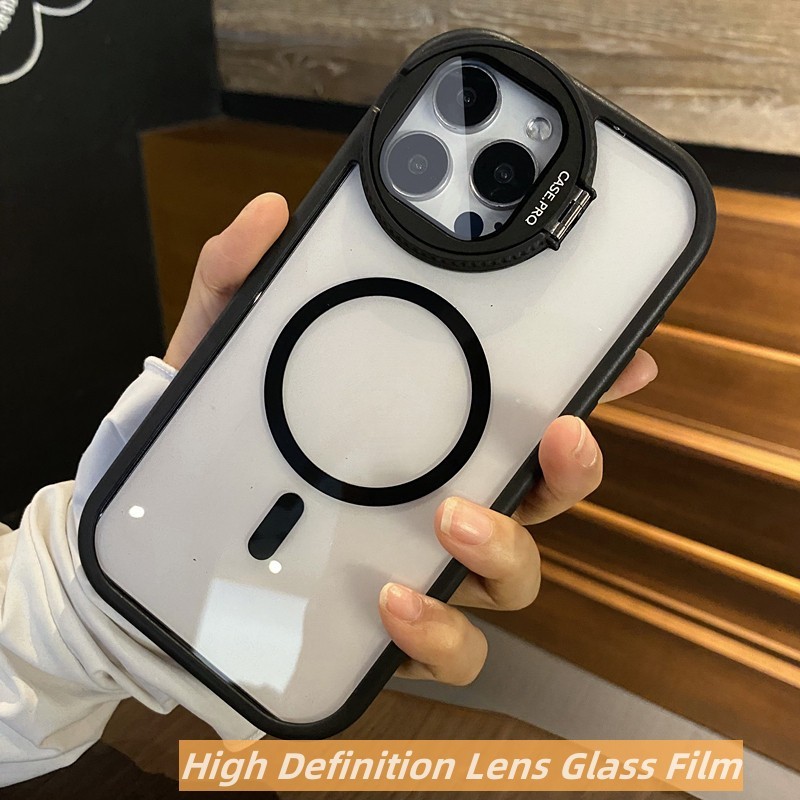 หรูหราเลนส์แก้วผู้ถือกล้อง 16 Pro Max เคสโทรศัพท์แม่เหล็กสําหรับ iPhone 16 15 14 Pro Max Plus 13 12 11 Pro Max ดูดซับแรงกระแทกอะคริลิคใส hard กลับป้องกันกรณี