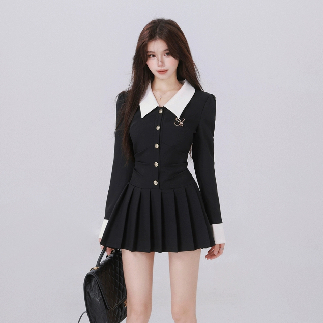 Preppy สไตล์ลําลองแฟชั่น A-Line ชุดสตรี Slim-fit แคบ-เอวปก Single-Breasted ยาว @
