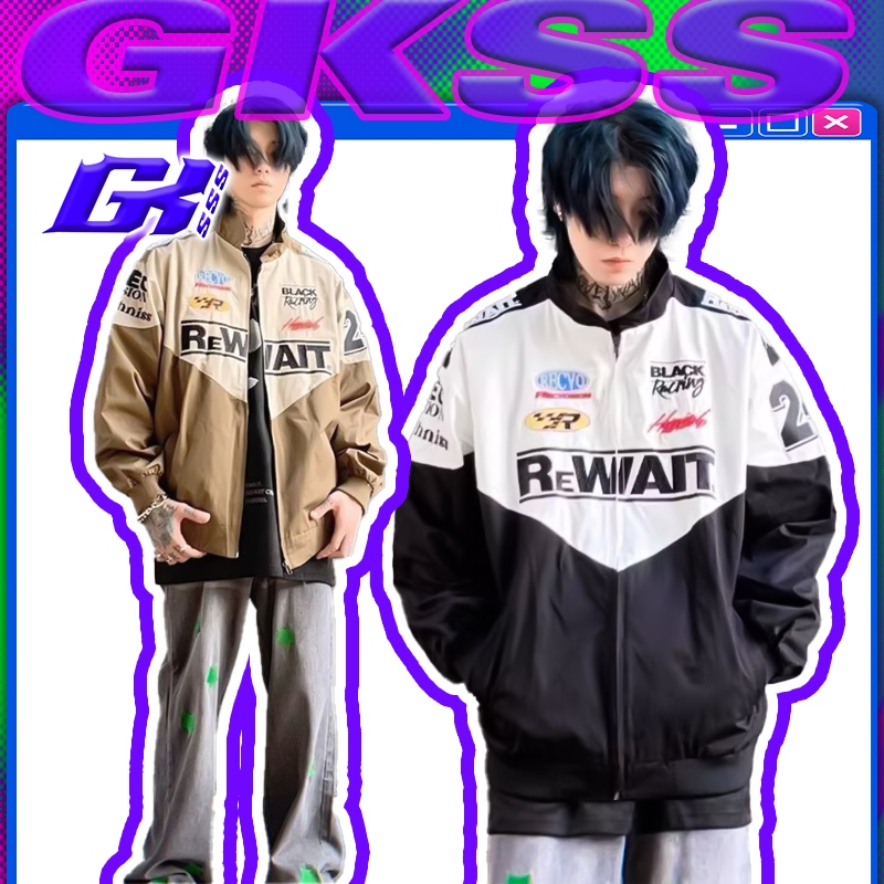 Gksss เสื้อแจ็คเก็ตผู้ชาย เย็บปักถักร้อยย้อนยุคอเมริกัน เสื้อลําลองหลวม