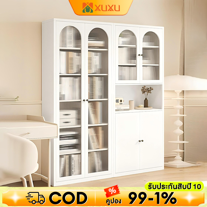 XUXU ตู้หนังสือกระจก ตู้เหล็กเก็บเอกสาร 180cm สีขาว สีเขียว โปร่งใสตู้โชว์ บอร์ดพีซี แข็งแรงและทนทาน ปรับความสูงได้