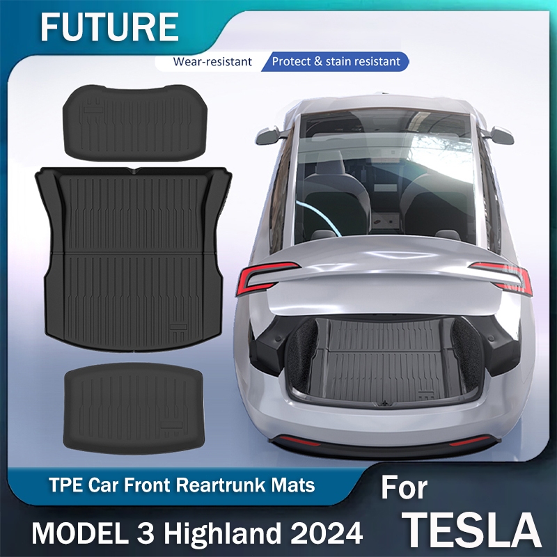 สำหรับ Tesla Model 3 Highland TPE พรมปูพื้นทุกสภาพอากาศ พรมปูพื้นท้ายรถ Model 3 2024 แผ่นรองพื้นแบบกันน้ำกันลื่น