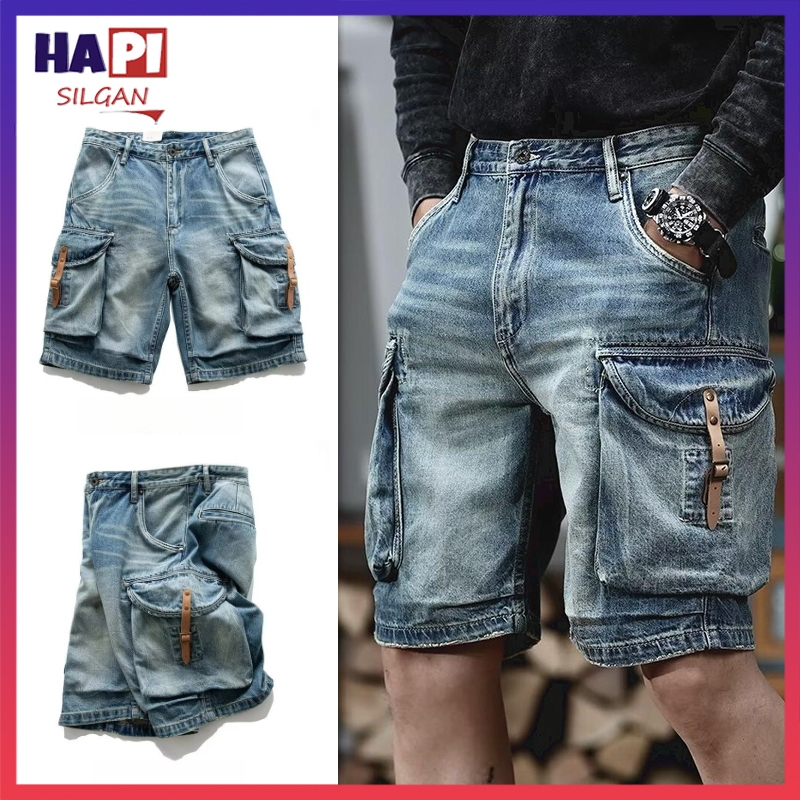 American Multi-Pocket Cargo Denim Shorts Men Retro Washed Loose Blue Straight Casual Motorcycle