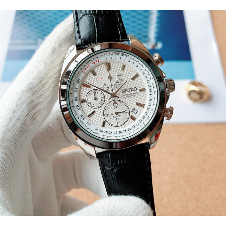 Seiko Multi-Function Pointer Chronograph Mens Business Watch สายหนังแท้แฟชั่นนาฬิกาสวิส