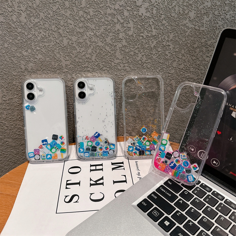 สําหรับ iPhone 16 Pro Max 15 Plus APP ไอคอนเงา Glitter Liquid Bling ลอยกลับกรณีฝาครอบ