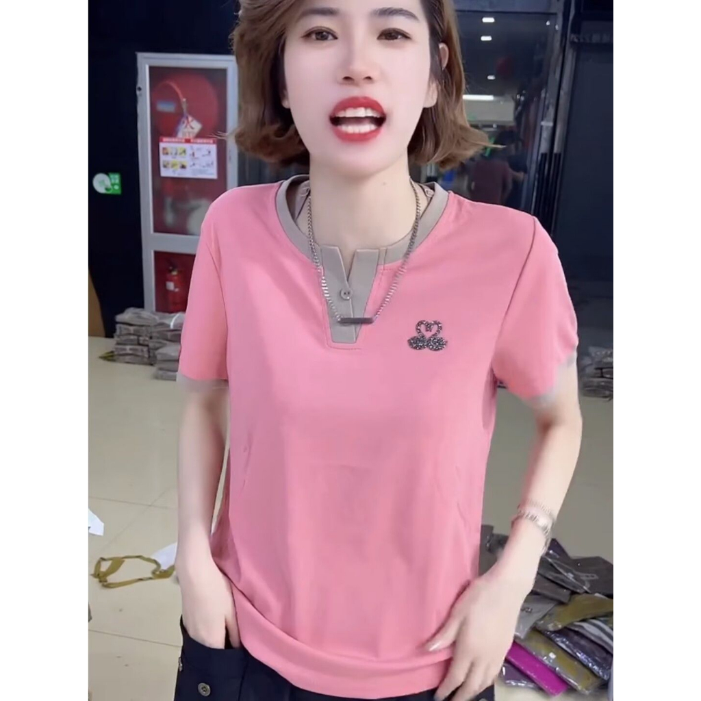 Oversize ผู้หญิงเสื้อหลวมแขนสั้น Wanita Baju Tops Blus รอบ Splicing V คอเสื้อไนลอนฤดูร้อน Plus ขนาด #320