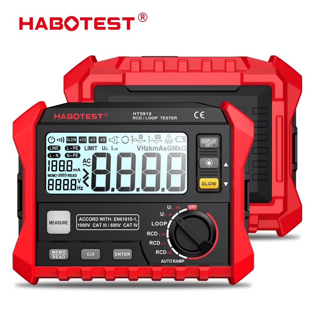 HABOTEST HT5910 เครื่องทดสอบสวิตช์รั่ว LCD Digital Resistance Meter RCD/Loop Tester 1000 Data Storag