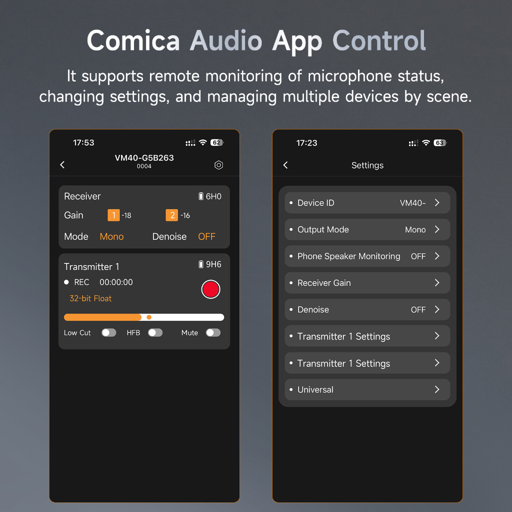 COMICA VM40 Dual-Channel Wireless Shotgun Microphone,On-Camera Mic พร้อมการบันทึกลอย 48kHz/32 บิต, โหมดคู่แบบมีสาย/ไร้สาย, บันทึกออนบอร์ด 32G, สําหรับกล้อง/สมาร์ทโฟน/PC - รูปที่ 5