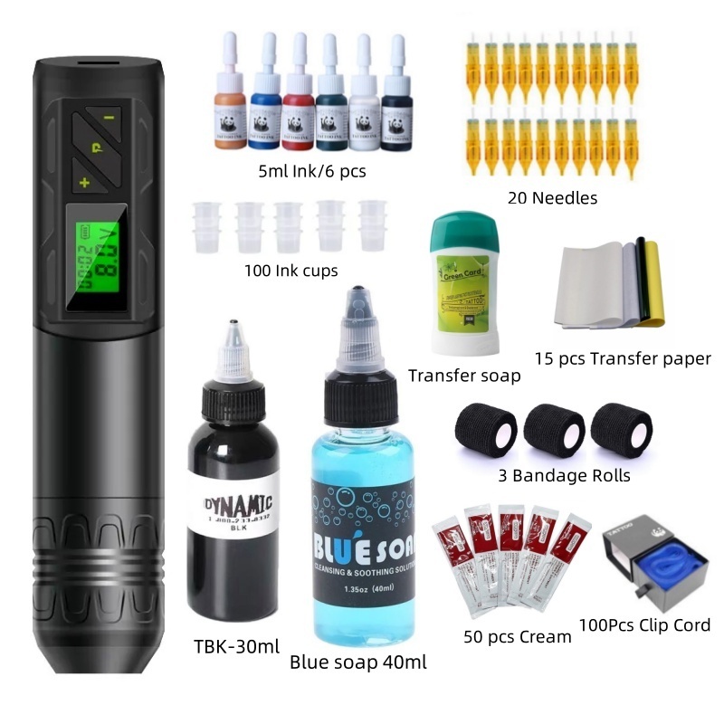 เครื่องสักไร้สาย ปากกาสักโลหะแบบชาร์จไฟ จอแสดงผลจอ LCD พกพา ชุดสักครบชุด