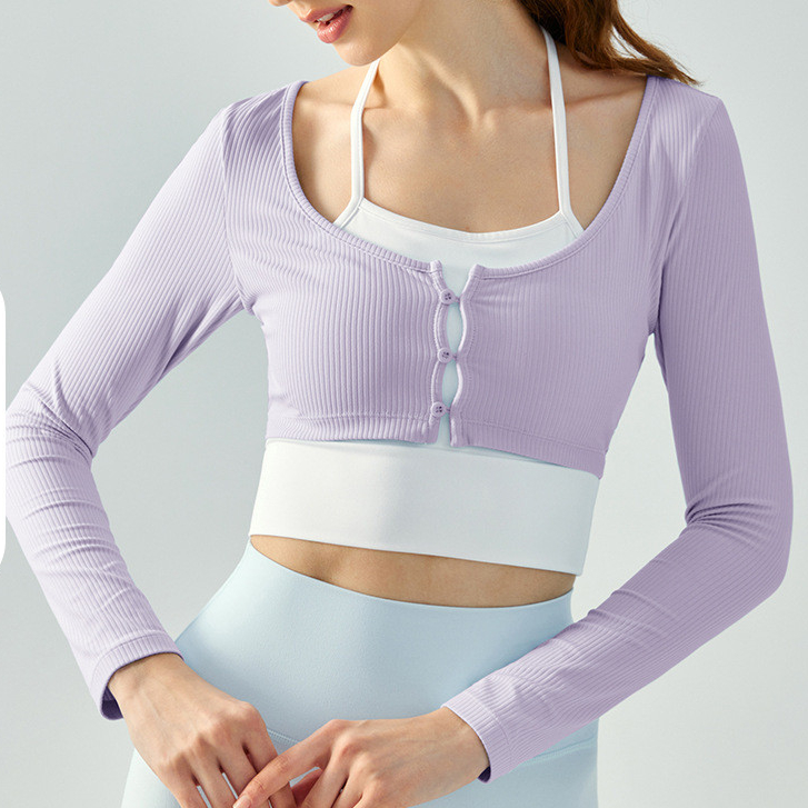 Shamzu โยคะแขนยาวผู้หญิง Slim-fit Halterneck ปลอมสองชิ้น Breast Pad Slimmer ดูฟิตเนส T @