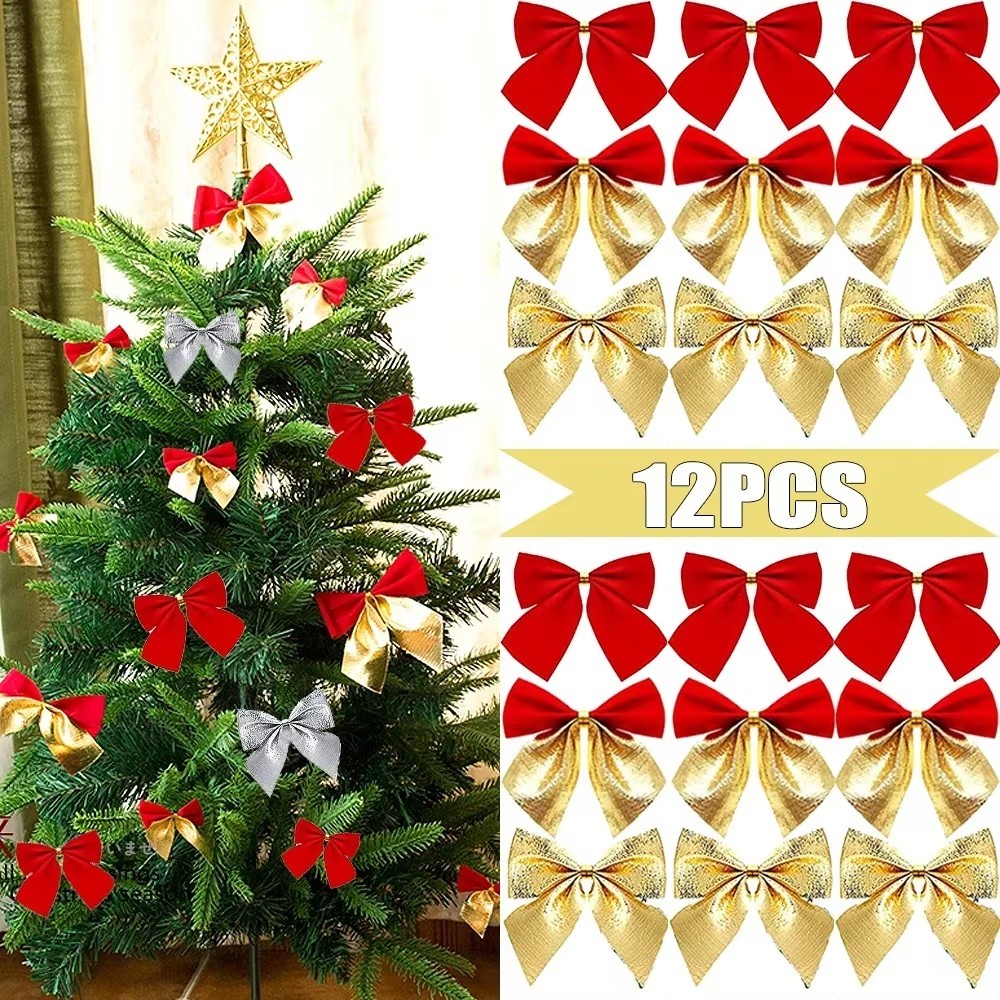 12ชิ้นคริสต์มาสโบว์เครื่องประดับ-สีแดงทองเงินกุทัณฑ์เครื่องประดับ-บ้านวันหยุดพรรคอุปกรณ์ตกแต่ง-สร้างสรรค์กล่องห่อตกแต่ง- ทําเอง ต้นคริสต์มาสแขวนเครื่องปร