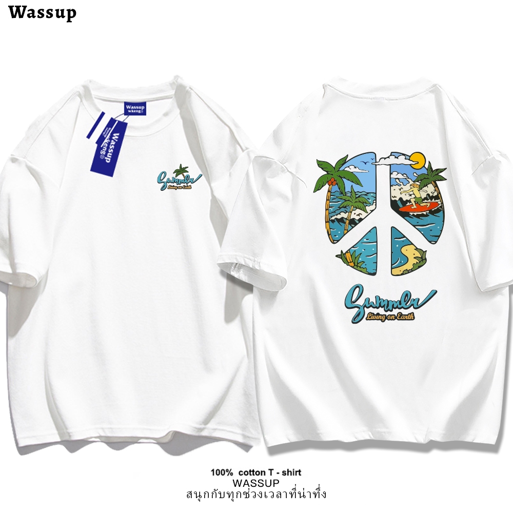 Wassup🏝 สินค้าพร้อมส่ง เสื้อยืดผู้ชายธีมหมู่เกาะ คอตตอน 100% แขนสั้น คอปก ใส่สบาย