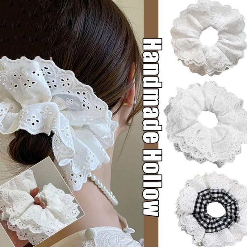กิ๊บติดผมตาข่ายลายดอกไม้โลลิต้าคลาสสิกสไตล์อินเกาหลีหรูหราสีขาว Scrunchie เครื่องประดับผม
