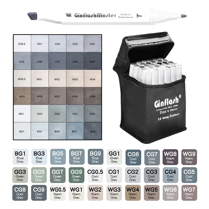 Ginflash Fine &Chisel 30/10สีโทนสีเทาชุดจับคู ่ Art Markers แปรงปากกา Sketch แอลกอฮอล ์ เครื ่ องหมาย Dual Head Manga Drawing Art Supplies