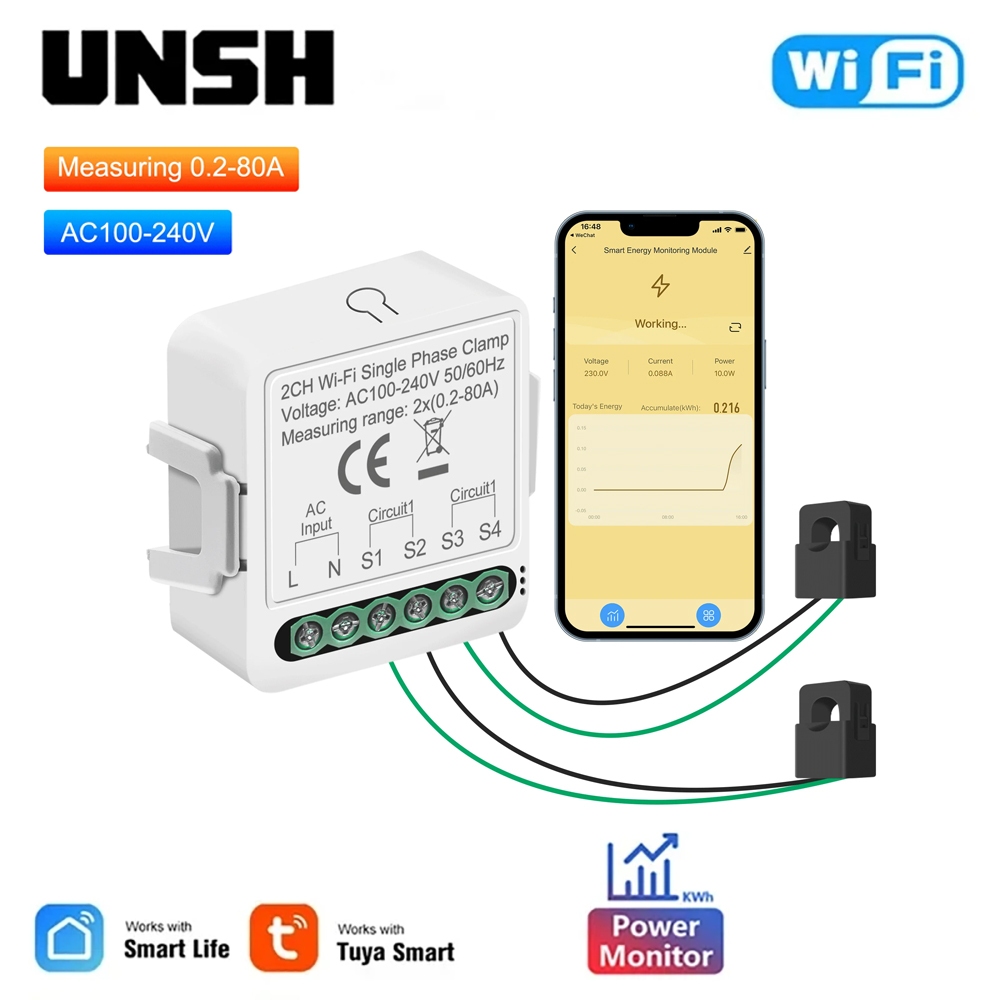 Tuya WiFi 1 2 แก๊ง 80A Smart Energy Meter พร้อม Current Sensor Clamp Power Monitor Smart life Control สถิติไฟฟ้า Smart life อุปกรณ์