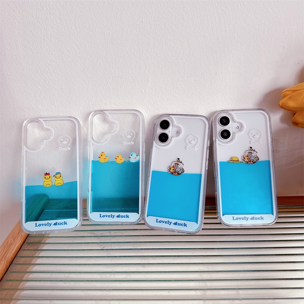 สําหรับ iPhone Air 17 16 Pro Max 15 Plus 14 การ์ตูน One Piece เป็ดสีเหลืองย้ายไอคอน Liquid Quicksand กรอบนุ่ม Hard กลับกรณี