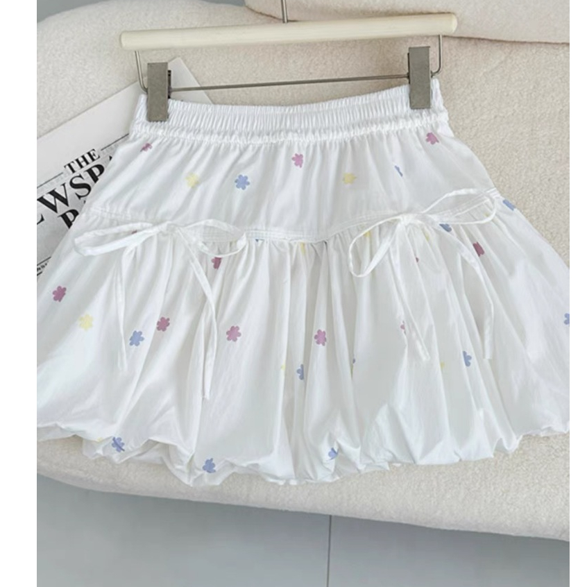 ❤สไตล์เกาหลีหวานสไตล์ Girly Bow Cloud Design Sense Puff กระโปรงดอกไม้ Bud Culottes