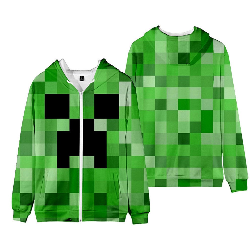 เกม มายคราฟ เสื้อกันหนาวมีฮู้ดผู้ชาย/ผู้หญิงลําลองสีเขียวตรวจสอบซิปขึ้นแจ็คเก็ต