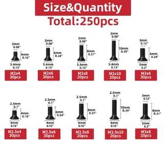 หนึ่งชุด 250 ชิ้น Countersunk แบนหัว Phillips สกรูชุด, M2 M2.5 M3 มินิสลักเกลียวเหล็กสําหรับคอมพิวเตอร์และแล็ปท็อปซ่อม