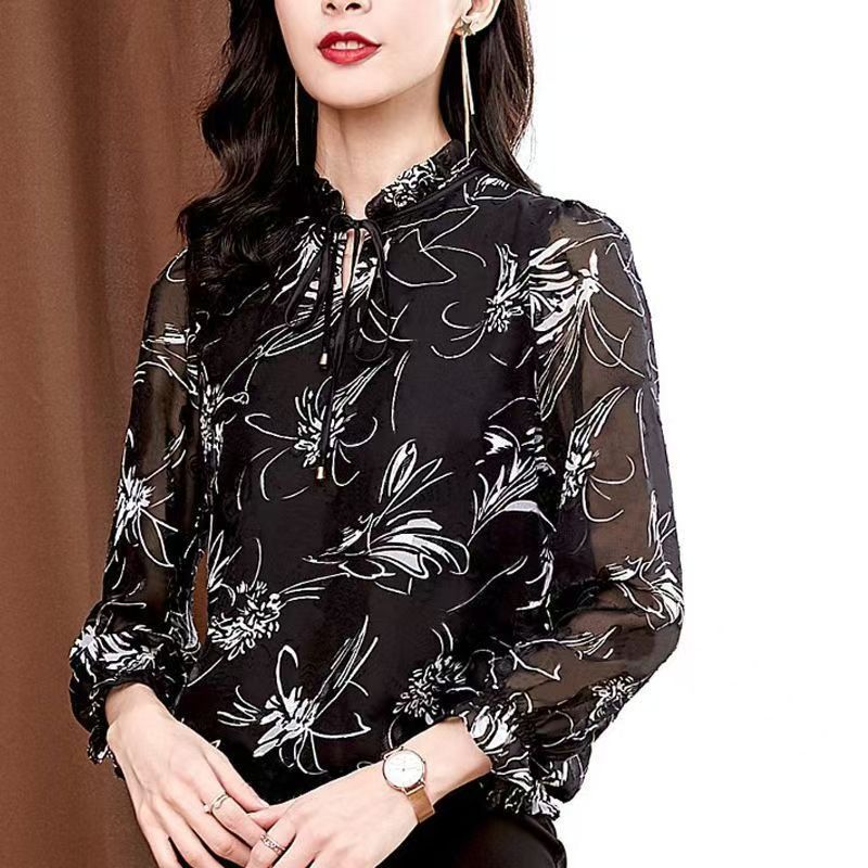 เสื้อเชิ้ตลําลอง ผ้าชีฟอง แบบบาง พิมพ์ลายดอกไม้ สไตล์เกาหลี สําหรับสตรี
