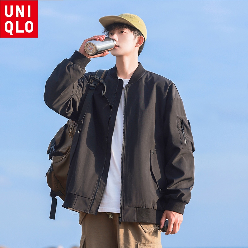 UNIQLO เสื้อแจ็คเก็ตบอมเบอร์โอเวอร์ไซส์uniqlo Mens Bomber Jacket, เสื้อแจ็คเก็ตเบสบอลลําลองอินเทรนด์, แจ็คเก็ตชุดทํางานกันลมและกันน้ํากลางแจ้ง