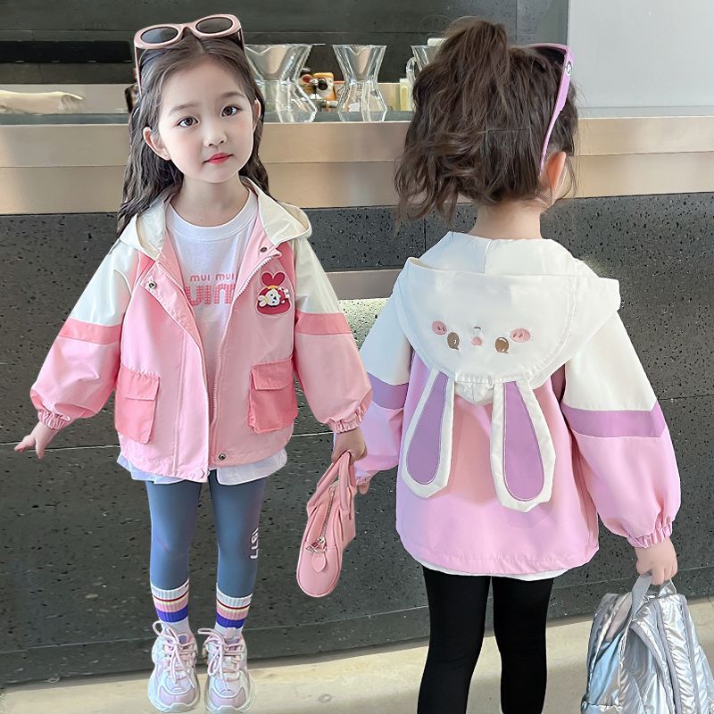 สาวเสื้อ2024ใหม่ฤดูใบไม้ผลิฤดูใบไม้ร่วงเด็กการ์ตูนกระต่ายสีบล็อกแจ็คเก็ตคลุมด้วยผ้าวัยรุ่นสบายๆน่ารักเสื้อกันลมเด็กเสื้อผ้า