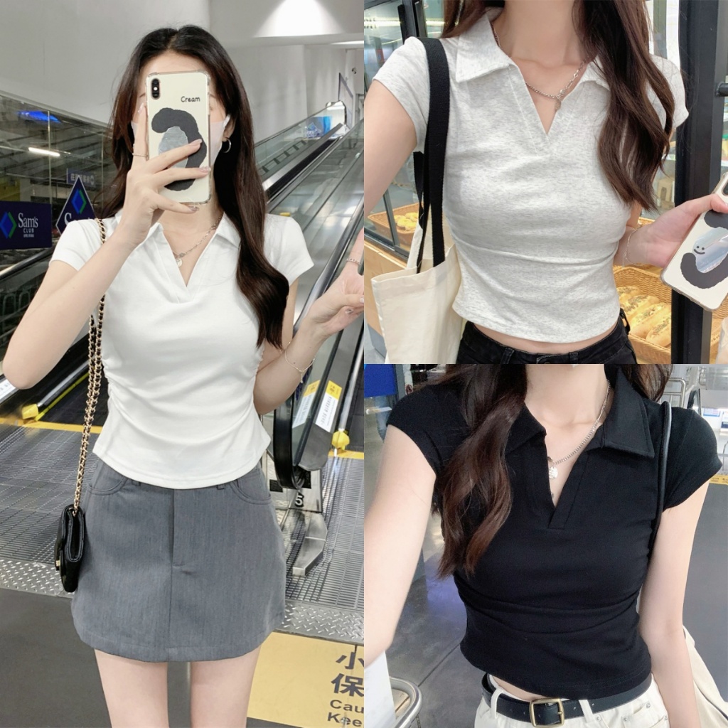 Bella Shop 🌻 เสื้อยืดคอโปโลแขนสั้นสีพื้นสำหรับผู้หญิง ทรงเข้ารูปและคอตั้งสุดเก๋
