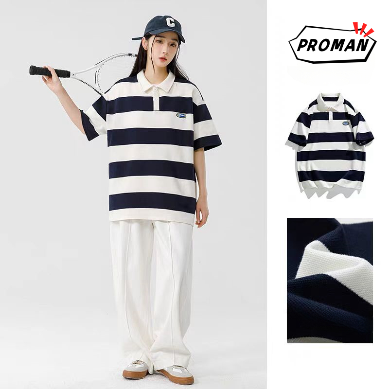 PROMAN-แบรนด์ยอดนิยม รุ่นใหม่ ลายทาง POLOเสื้อ ชาย แนววินเทจ เย็บติดกัน เสื้อยืด แฟชั่น แมทช์ลุคง่าย