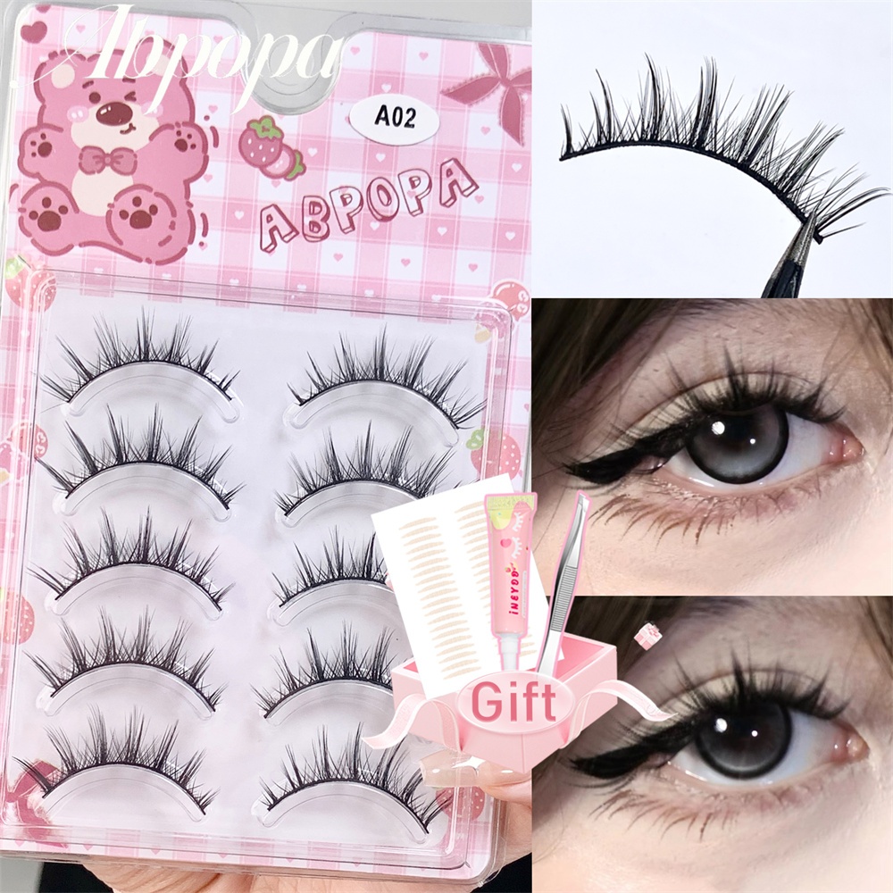 Abpopa A02 การ์ตูน Fairy Curly ขนตาปลอม (ของขวัญฟรี : กาว+แหนบ+เทปตาสองชั้น) รากอ่อน Clear Cross Slender คุณภาพสูง 5 คู่