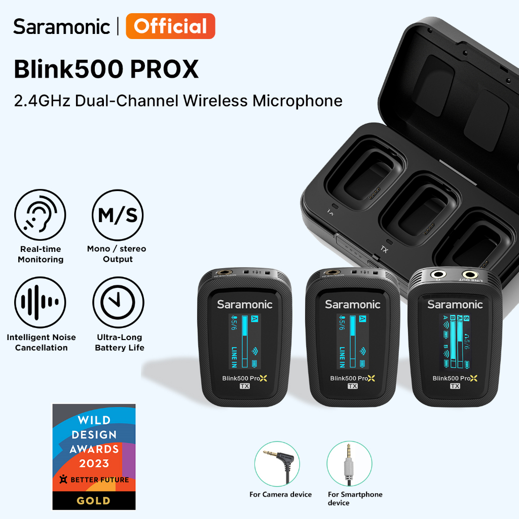 Saramonic Blink500 ProX B2/B1 ระบบไมโครโฟนไร้สายพร้อมเคสชาร์จ 2.4GHz ไมโครโฟนปกสําหรับกล้องสมาร์ทโฟนคอมพิวเตอร์แล็ปท็อป DSLR