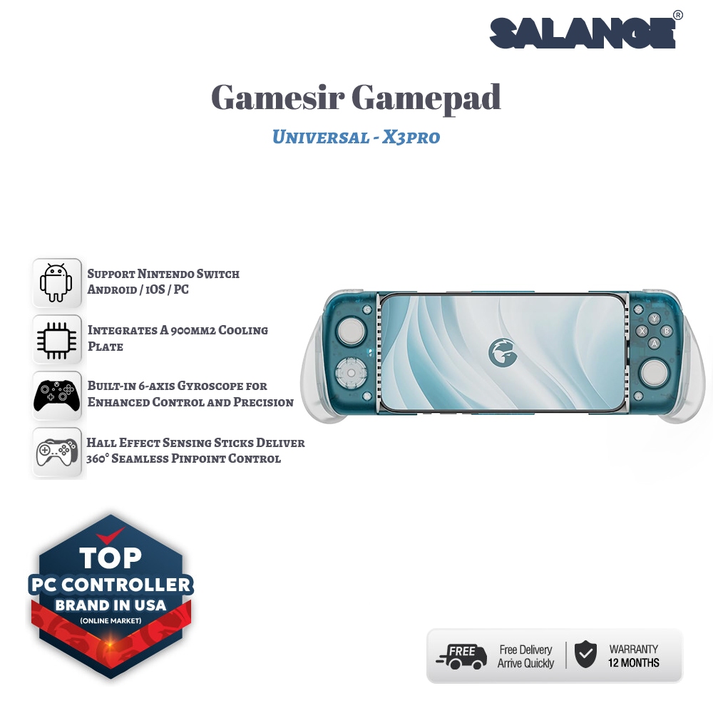 Salange GameSir X3 Pro อุปกรณ์ควบคุมเกมมือถือ Android, iPhone 15 Series, การออกแบบตามหลักสรีรศาสตร์ - ตัวควบคุมโทรศัพท์, รองรับ Zenless Zone Zero, การเล่นเกมบนคลาวด์, Xbox Game Pass
