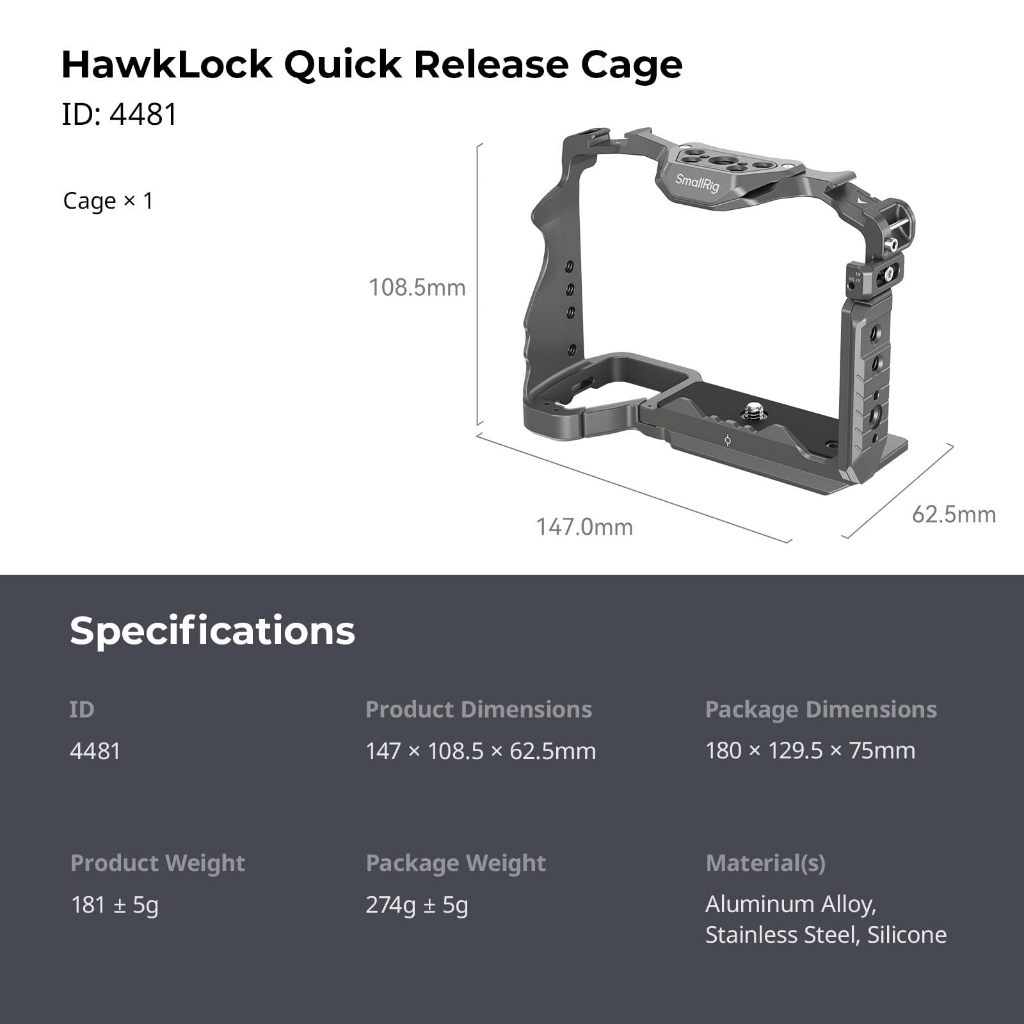 Smallrig HawkLock กรงแบบปลดเร็วสําหรับ Sony Alpha 7R V / Alpha 7 IV / Alpha 7S III / Alpha 1 / Alpha 7R IV 4481