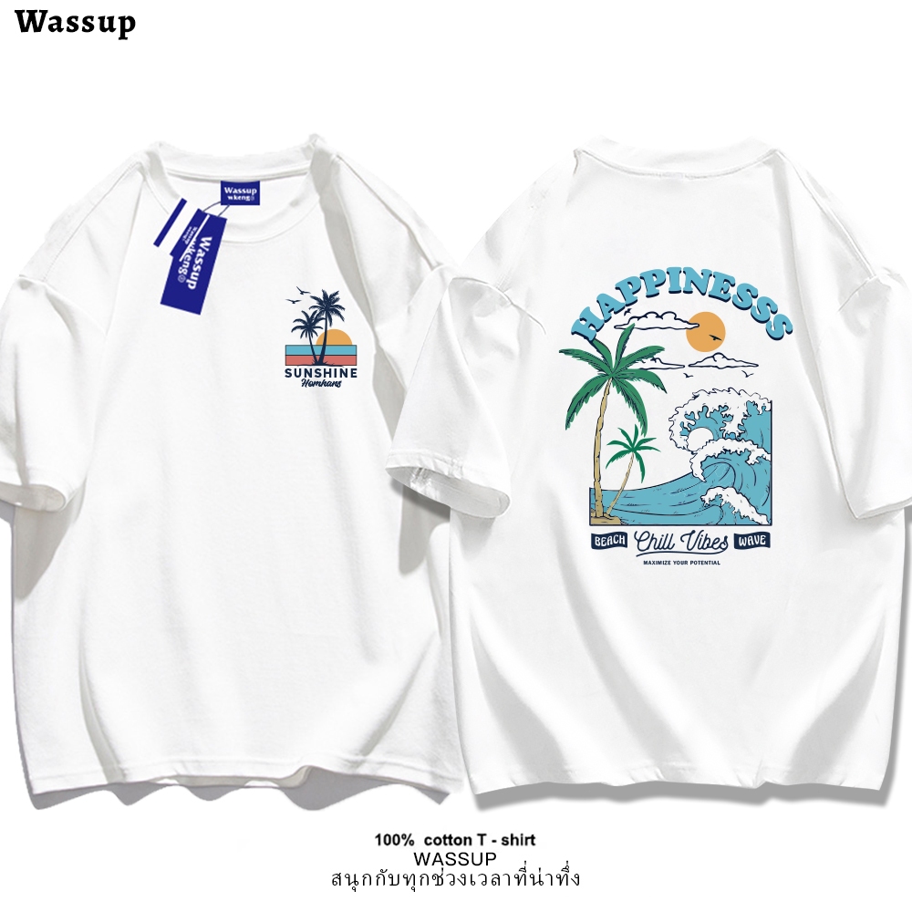 Wassup คอลเลกชันร่วมกับธีมหมู่เกาะสำหรับชาย เสื้อยืดคอตตอน 100% แบบหลวม