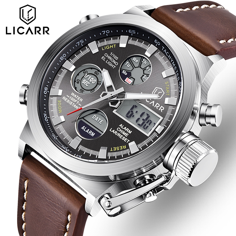 Licarr ยี่ห้อนาฬิกาผู้ชายแฟชั่นธุรกิจ Chrono ปฏิทินกีฬา Dual Display นาฬิกาผู้ชายกันน้ํา 9507-L