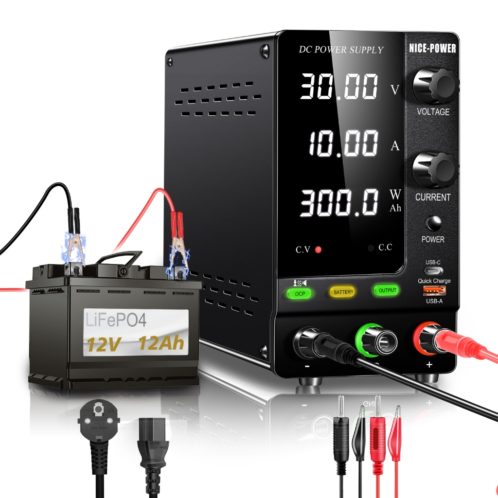 NICE-POWER ปรับ ค่า ได้ เครื่องจ่ายไฟ กระแสตรง DC 30V5A 30V10A 60V5A 120V3A พอร์ต USB + type-c ชาร์จเร็ว 12V 24V 48V 60V 30V 10A การชาร์จแ บตเตอรี่ลิเธียม ป้องกัน OCP