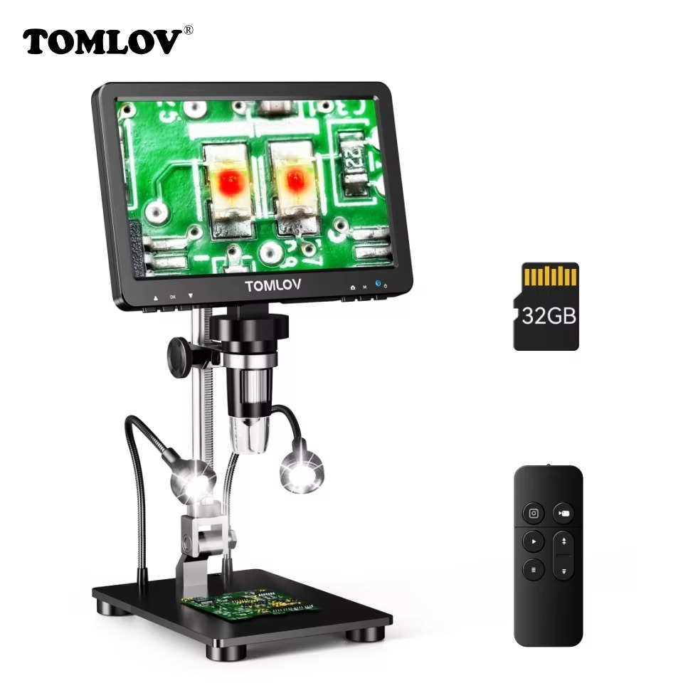 Tomlov กล้องจุลทรรศน์ DM9 Pro HDMI USB ดิจิตอล 7 หน้าจอ IPS กล้องจุลทรรศน์ 1200X 16MP Professional E
