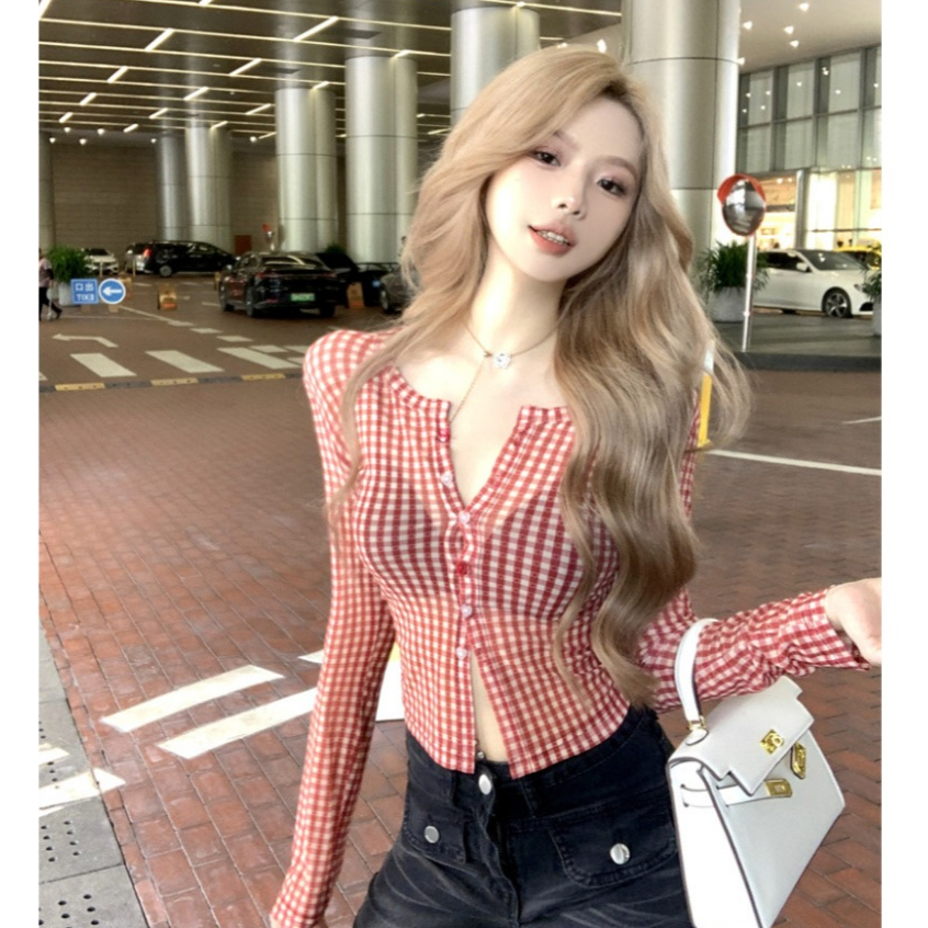 อเมริกันร้อนสไตล์สาวย้อนยุคลายสก๊อตตาข่ายเซ็กซี่แขนยาวครีมกันแดดเสื้อฤดูใบไม้ร่วงสั้นสะดือตัดแน่นด้านบน