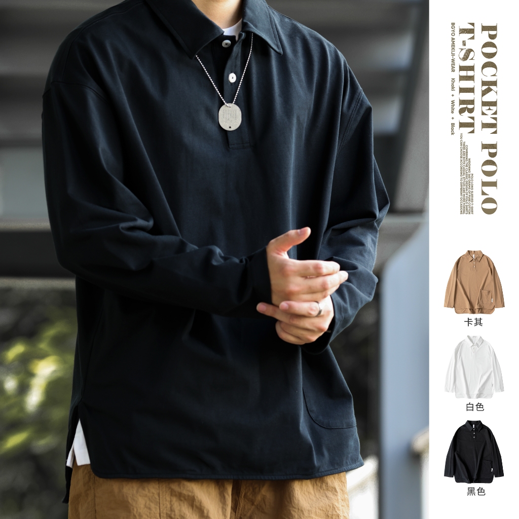 American Casual Pocket Lapel Long Sleeve POLO Shirt Mens Curved Hem Outdoor Sports Layered Tooling T-Shirt