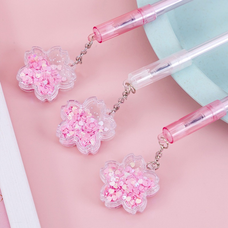น่ารัก Cherry Blossom ปากกาเจล 0.5 มม.หมึกสีดําปากกาเป็นกลาง Sakura Quicksand Sequined เข็มปากกาเครื่องเขียนนักเรียนเขียนเครื่องมือโรงเรียนอุปกรณ์สํานักงาน