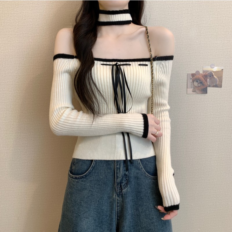 French Party Party Party เซ็กซี่เสื้อกันหนาวผู้หญิง Slim-fit Contrast สีเย็บ Lace-Up คอแขนยาว