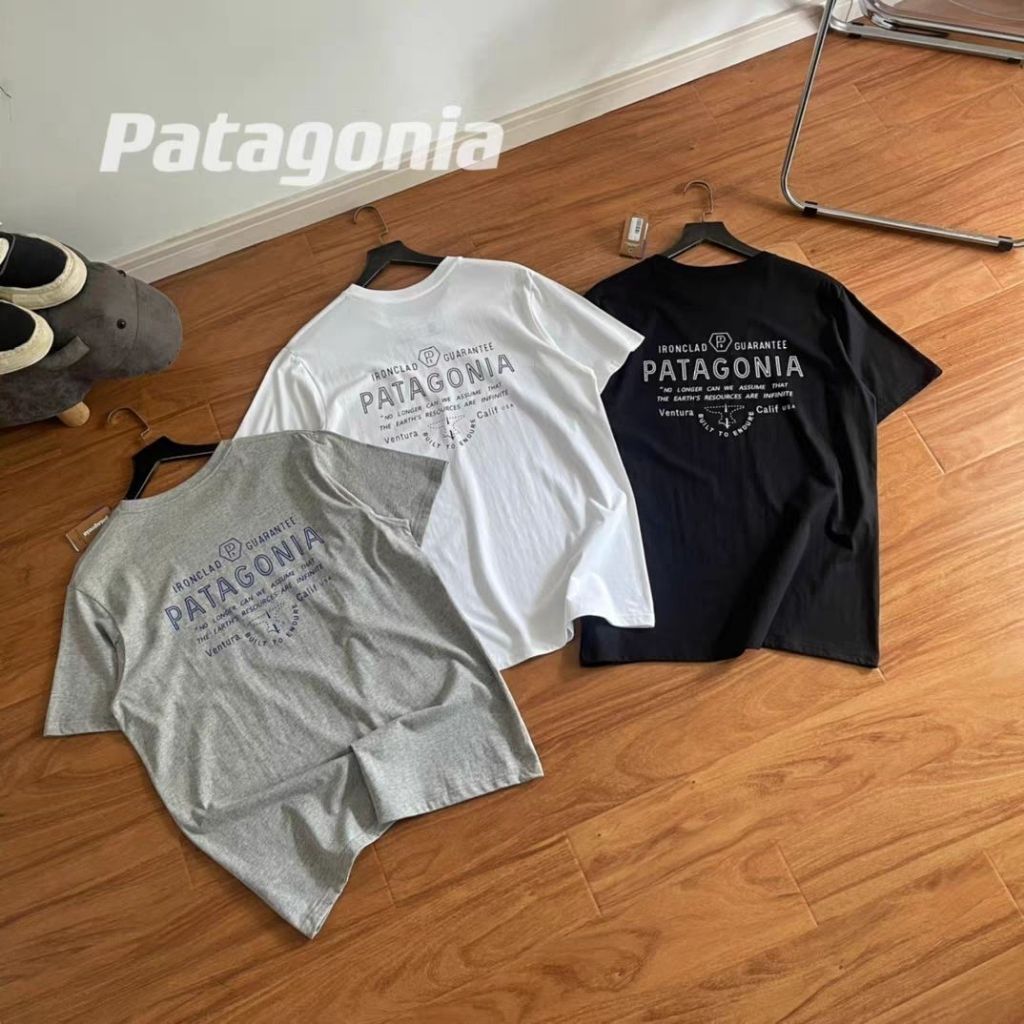Patagonia หลวมรอบคอ T ผู้ชายและผู้หญิงผ้าฝ้ายแท้สไตล์เดียวกัน Niche Letter พิมพ์เสื้อแขนสั้นอเนกประสงค์